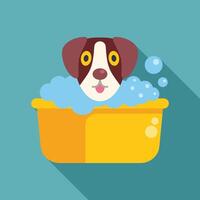 Dog taking a bath full of soap in a yellow basin vector