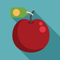 Red apple with price tag hanging on its stem, flat design icon vector
