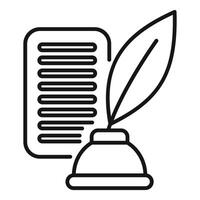 Feather pen standing in inkwell next to paper representing writing process vector