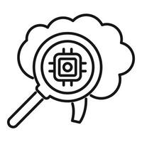 Magnifying glass exploring brain with ai chip inside, exploring artificial intelligence and machine learning vector