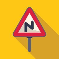 Red triangle road sign indicating double bend to the right on yellow background vector
