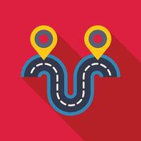Winding road connecting two map pointers on a red background vector