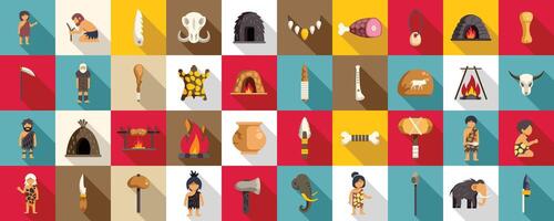 Ancient era family icons set. Prehistoric primitive caveman life hunting and gathering tools icons set vector