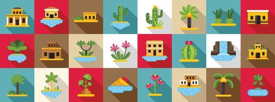 Lake desert icons set. Oasis landscape elements showing buildings, plants and water features with long shadows vector