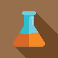 Erlenmeyer flask containing orange liquid icon with long shadow vector