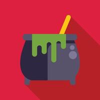 Witch cauldron with green potion spilling over edge and wooden stick inside on red background vector