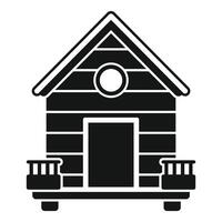 Wooden beach hut standing on stilts with balcony and round window, black and white vector illustration