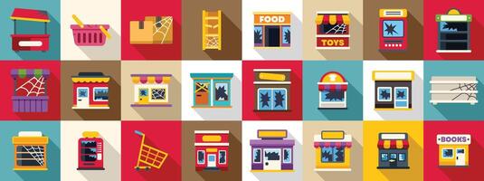 Abandoned store icons set. Collection of small businesses suffering vandalism with broken windows vector