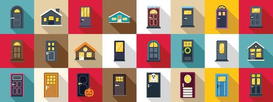 Night house front door icons set. Set of front door icons showing different house entrances with long shadows vector
