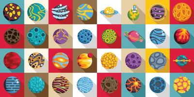 Alien planet game icons set. This set of colorful fantasy planets is illustrating variety of alien worlds in outer space vector