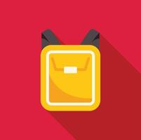 Yellow school backpack icon with long shadow on red background vector