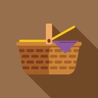 Wicker picnic basket with purple blanket open lid long shadow icon vector