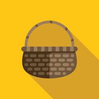 Empty wicker basket icon with long shadow on yellow background vector