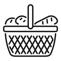 Wicker picnic basket full of food containing bread and apples line art icon vector