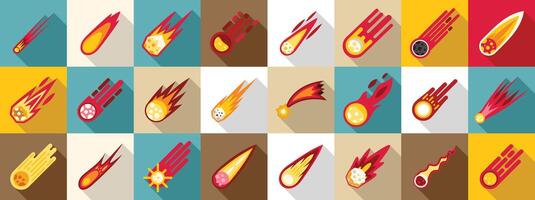 Meteor trail icons set. Collection of various meteorites falling from space leaving a trail of fire vector