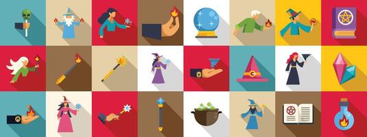 Cast spell icons set. Wizards and witches performing magic tricks and spells icons set vector