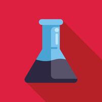 Laboratory glassware containing blue liquid casting long shadow on red background vector