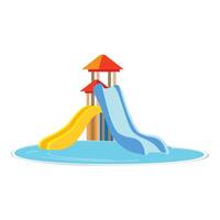 Two colorful water slides leading into swimming pool on white background vector