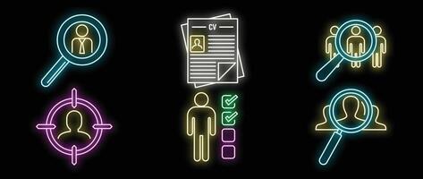 Neon icon set representing recruitment process with magnifying glass and candidates vector