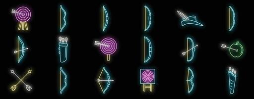 Neon archery icons set showing bows, arrows, targets, and quiver vector
