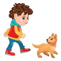 Happy little boy walking with puppy dog vector