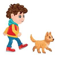 Happy young boy walking with his puppy dog vector
