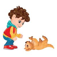 Happy little boy playing with his puppy dog on its back vector