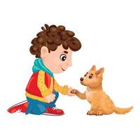 Young boy shaking hands with his happy puppy dog vector