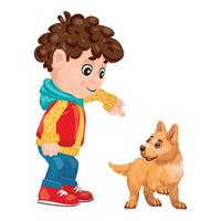 Happy boy pointing and training puppy dog vector