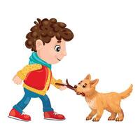 Happy boy playing with dog using tree branch vector