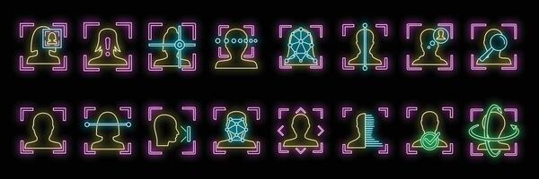 Neon icon set showing different facial recognition methods for security and identification purposes vector