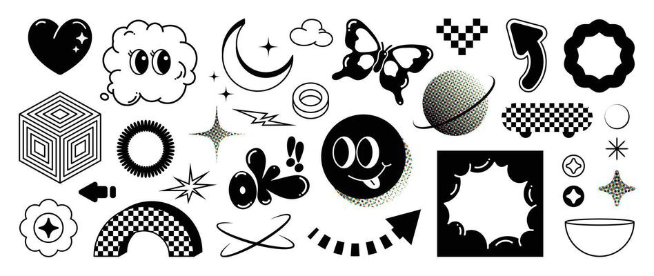 Hand drawn collection of pixel, fluffy, halftone, arrow, butterfly, organic shape in black and white color. Design for print, cartoon, card, decoration, sticker.