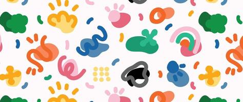 Colorful organic shape in seamless pattern. Abstract art background design with childish scribble, doodle in vibrant color. Fun creative illustration for kids, fabric, prints, cover. vector