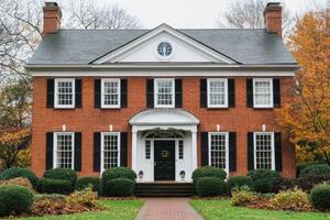 A classic brick house with a front porch, surrounded by greenery and autumn foliage. photo