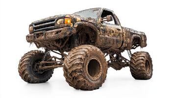 A muddy monster truck showcasing its rugged design and off-road capabilities. photo