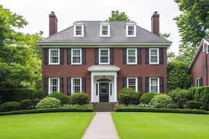 A classic brick house with a well-maintained lawn and garden. photo