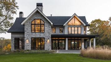 A modern stone house with large windows and a welcoming porch in a natural setting. photo