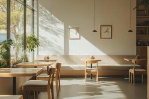A bright, minimalist cafe interior with wooden furniture and natural light. photo