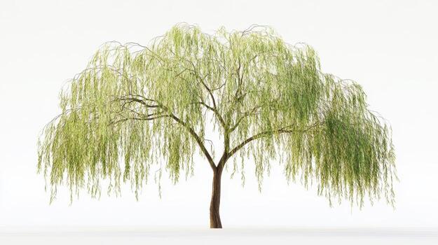 A lush, green willow tree with cascading branches against a plain background. photo