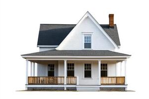 A charming white house with a front porch and a gabled roof. photo
