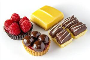 A colorful assortment of desserts including tarts and chocolate treats. photo