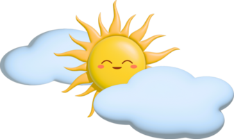 charming 3D icon of a cute, smiling sun with fluffy clouds in front and behind. The playful design features bright colors and soft shapes, ideal children's content, and summer-themed projects. png