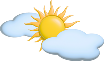 3D-rendered sun icon with fluffy clouds positioned in front and behind it. The cheerful design, featuring bright yellow and white colors, is ideal for weather apps, summer-themed projects. png