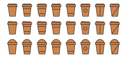 Coffee cup icons set in flat color style. Coffee paper cup, plastic container for hot and cold drink, juice, tea, cocoa and other. vector