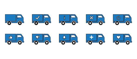 Express delivery trucks icons pack. confirmation, approval, accept, information, reload, like, dislike, notification, plus illustration vector