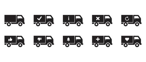 Express delivery trucks silhouette black icons pack. confirmation, approval, accept, information, reload, like, dislike, notification, plus vector