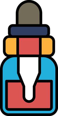 blue bottle with a red top and a red and yellow stripe