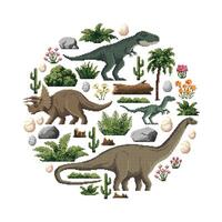 8 Bit pixel art prehistoric dinosaurs, game asset vector
