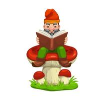Gnome dwarf reading book, sitting on mushroom vector