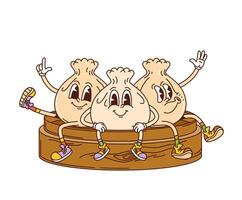 Cartoon retro groovy dim sum funny characters vector